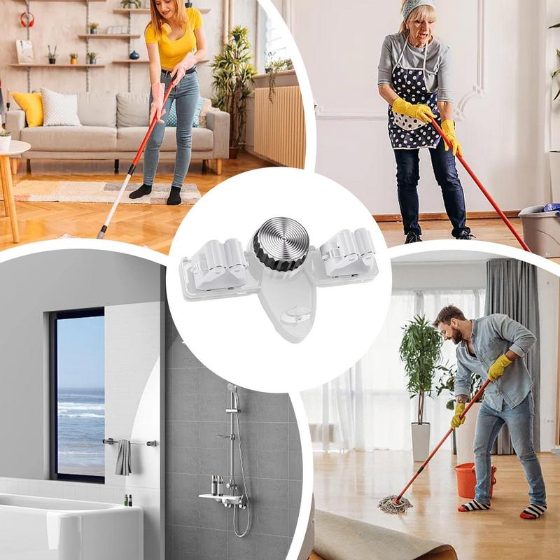 Suction Cup Mop Clamp Wall-Mounted Hanging Bathroom Broom 2 Hanger Hook Non Punching Self-adhesive Mop Gripper