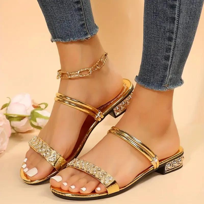 Fashion New Women Sandals Summer Fashion Elegant Non-Slip Shoes Women Rivet Rhinestone Low Heels Sandals Crystal luxury Ladies Slippers