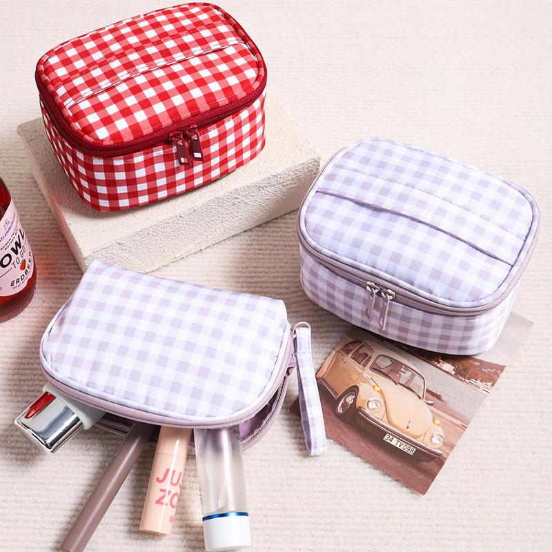 Cute Red Purple Plaid Handbag Zipper Travel Portable Cushion Case & Makeup Pouch Small Large Toiletry Cosmetic Bag for Women