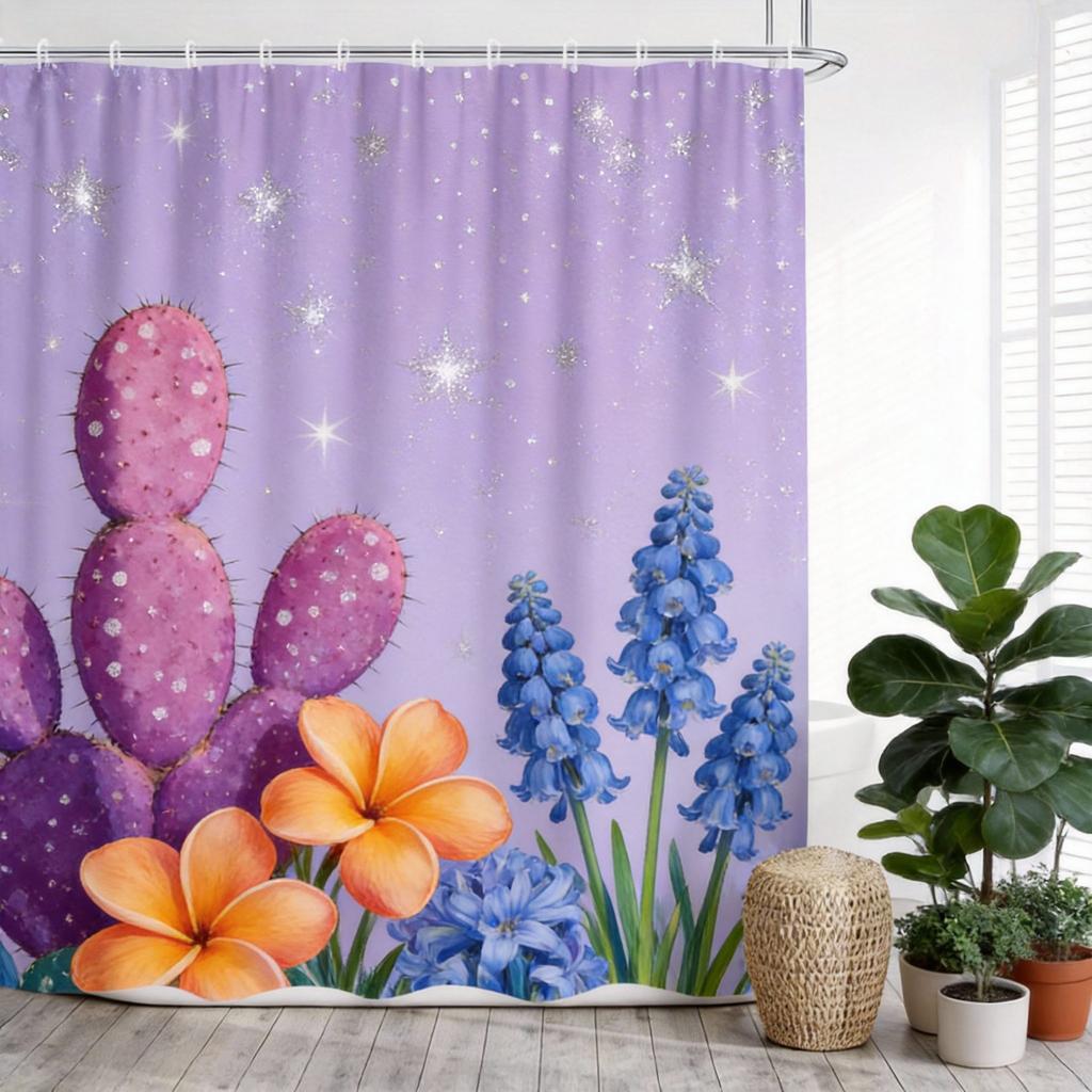 Cactus Shower Curtain 180x180cm – Whimsical Desert Garden with Blooms, Boho Southwestern Bathroom Decor, 12 Hooks