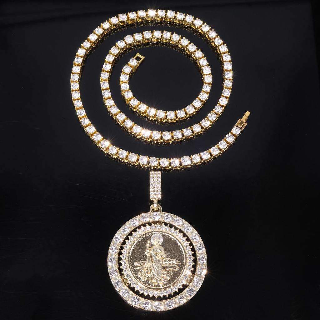 European and American New Rotatable St. Jude Alloy Pendant, Alloy Diamond-encrusted Personalized Hip-hop Style Necklace Jewelry