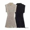 Europe 2025 Stylish Stand-Up Collar Sequin Dress with Padded Shoulders