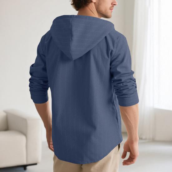Men Stripe Hooded Shirt Linen Long Sleeve Button Down Shirt