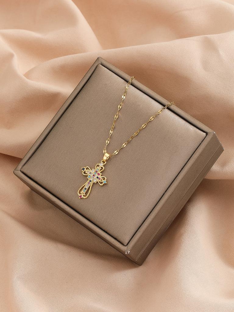 European and American Fashion Personality Women's Micro Inlaid Colored Zircon Double Layer Cross Hollow Stripe Necklace