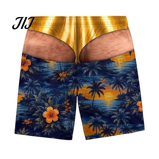 Vicces Férfi Strandnadrág Szőrös Nagy Fenekű Nadrág, USA Zászló Mintás Fürdőnadrág, Arany Színű Állítható Zsinóros Alsó Design, Nyári Medencés Partikra Nyaraláshoz