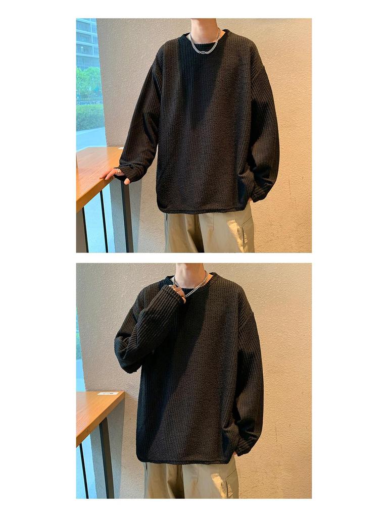Men's Solid Color Long Sleeve Jacquard T-Shirt - Trendy Scruffy Hong Kong Style, Loose Fit for Couples.
