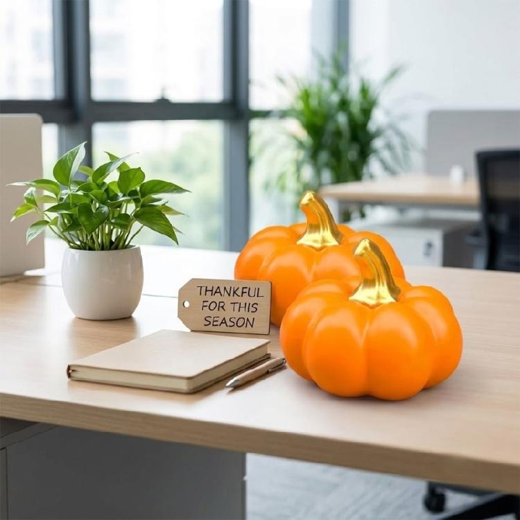Realistic Pumpkin Figurine Resin With Gold Stem Harvest Pumpkin Decoration for Autumn Tabletop Centerpieces, Thanksgiving Decoration