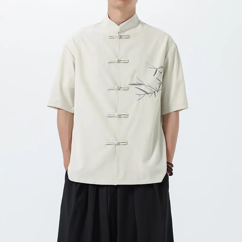Men Hawaiian Shirt 2026 Men Short Sleeves Bamboo Embroidered Shirt Male Frog Button Tops Summer Beach Casual Chinese Shirts