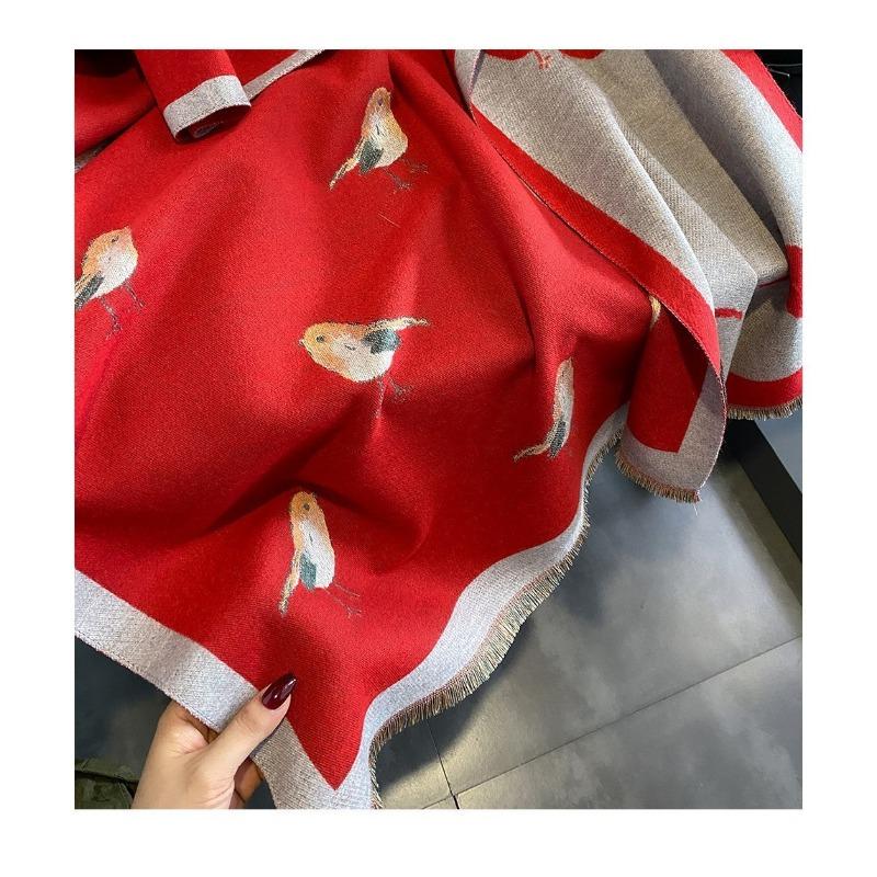Women S High Grade Thick Warm Faux Cashmere Scarf Green Bird Pattern Air Conditioning Shawl Long Neck Wrap