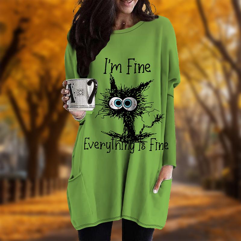New In Autumn Melancholic Cat Print Plus Size Dress Women O'neck Long Sleeves Casual Pocket Dresses