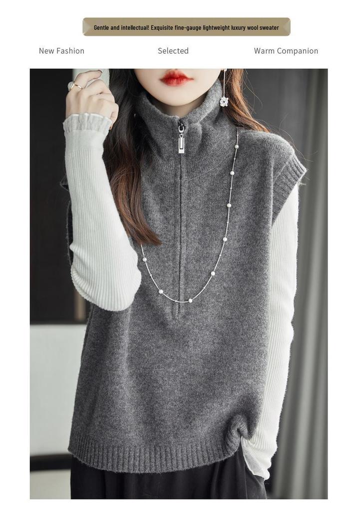 Summer 2026 Women's Grey Zipper High-Neck Knit Vest Sweater – Stylish and Casual Design