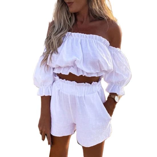 Conjunto de 2 piezas de top corto y pantalones cortos para mujer, fruncido, manga corta abullonada, hombros descubiertos, espalda descubierta, bandeau, cintura alta, color liso, bolsillos, atuendo para fiesta en club.