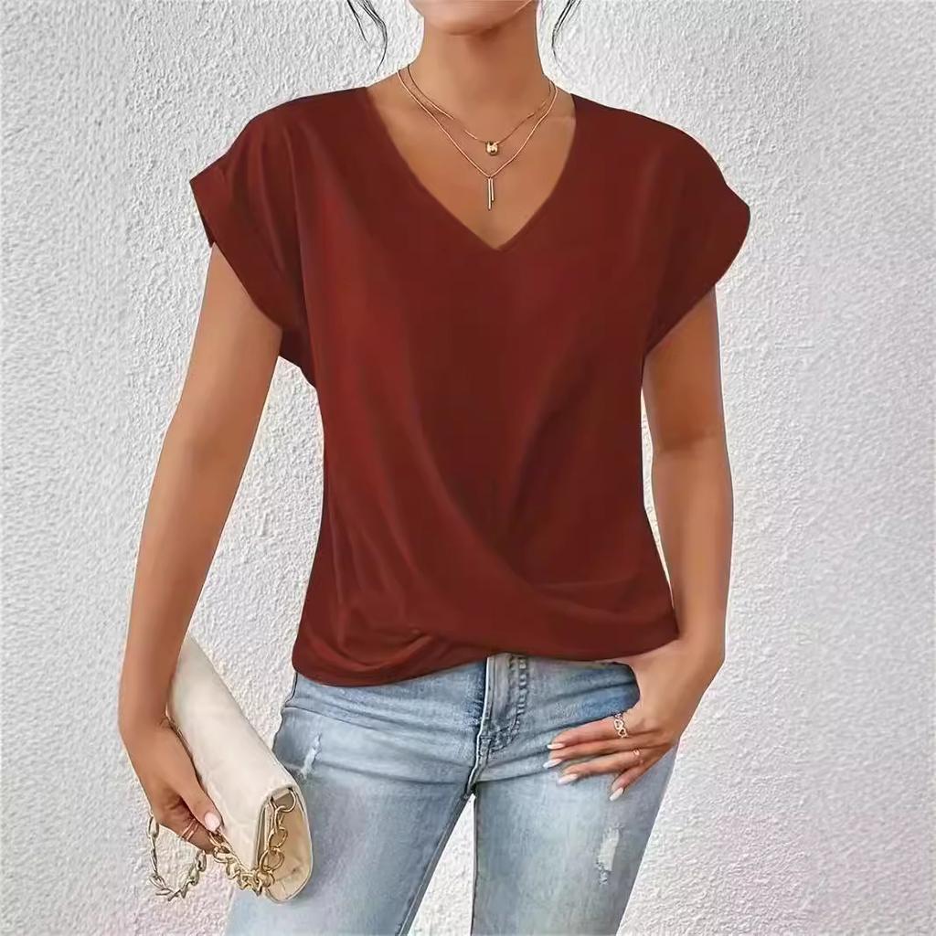Women's V Neck Rolled Cap Sleeve T Shirt Front Twist Knot Solid Color Elegant Summer Blouse