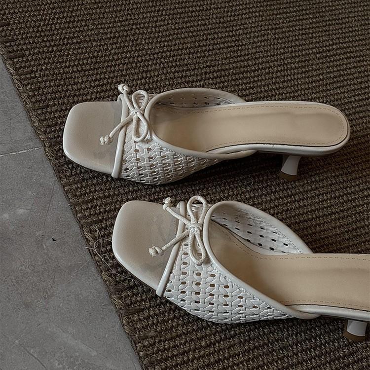 Holiday Style Woven Hollow Sandals Women's Versatile Bow One-word Drag Open-toed Square Head High Heels Summer