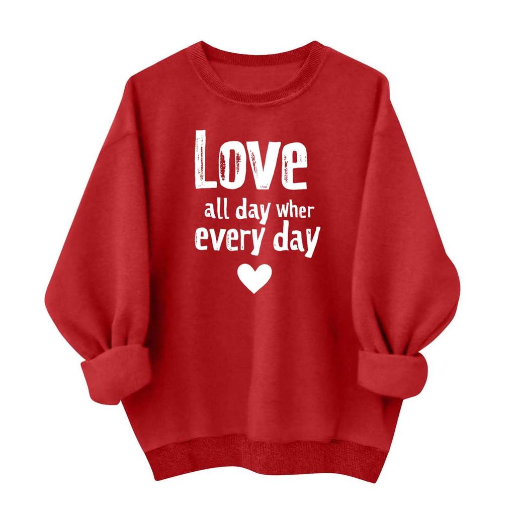 Damen Lässiges und Modisches Rundhals-Top mit Valentinsdruck Kapuzen-T-Shirt Langarm-Sweatshirt