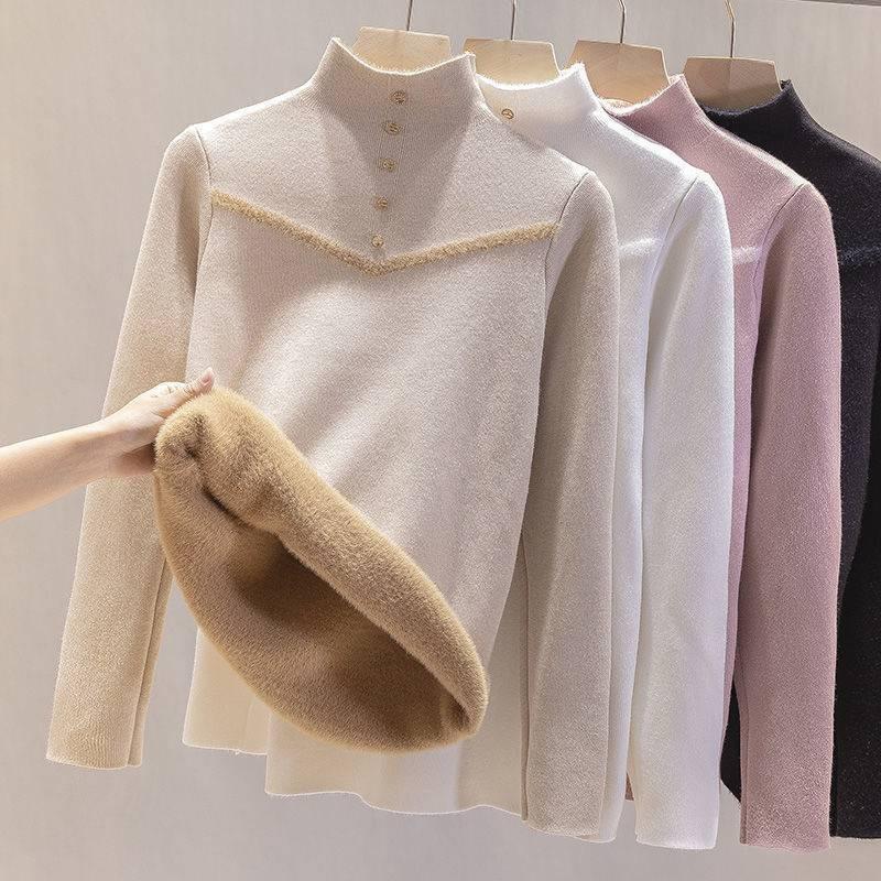 Autumn new plush warm sweater women's slim bottoming shirt sweet wind sweater knitted sweater fluff integrated underwear