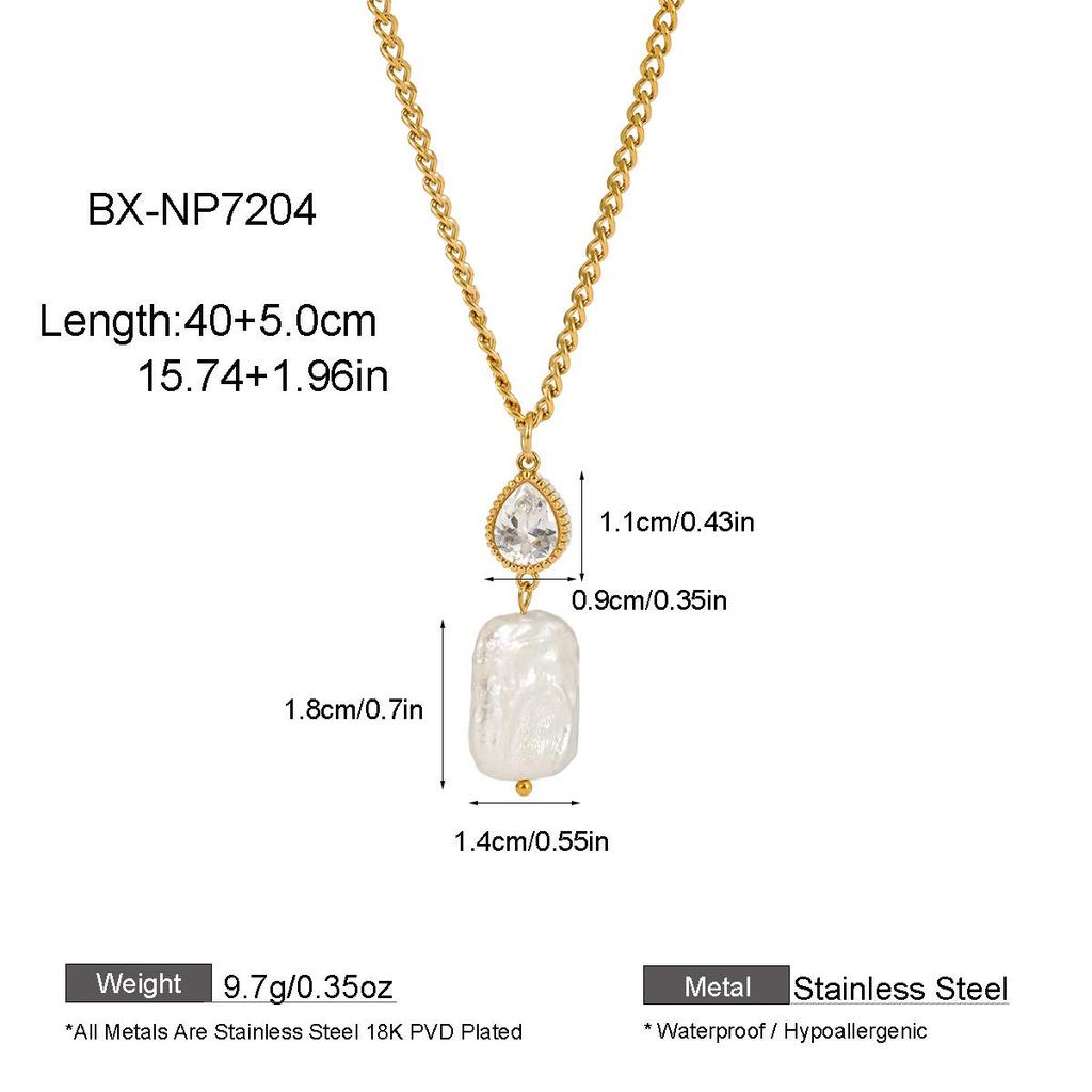 Baroque Pearl & Zircon Necklace with Gold-Plated Titanium Steel