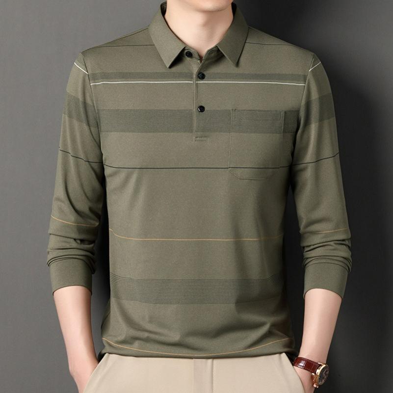 Spring Thin Long-sleeved T-shirt Men's Lapel Mercerized Cotton Dad Wear Striped T-shirt Men