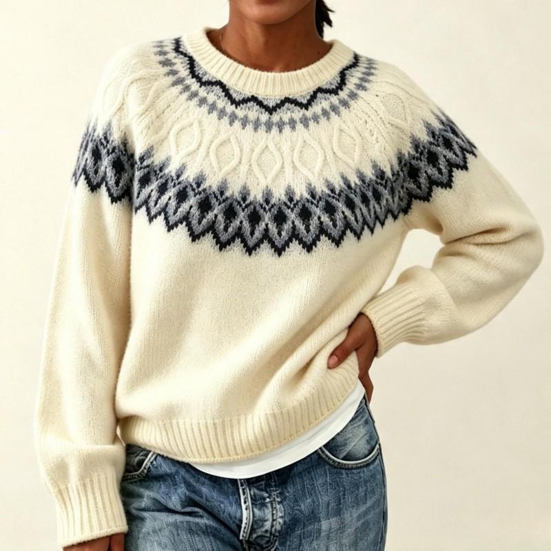 Womens Oversized Crewneck Knit Sweater With Fair Isle Colorblock Soft Acrylic Blend Loose Fit Winter