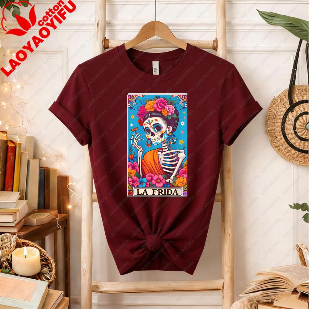

Muertos Day of The Dead Mexican Art Halloween Sugar Skull Tarot Card TShirt Frida Gift for Culture Casual Regular Short Sleeve 4XL