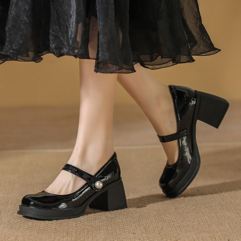 Spring and Summer New Mary Jane Small Leather Shoes Women's Thick Heels Light Mouth High Heels Black Single Shoes