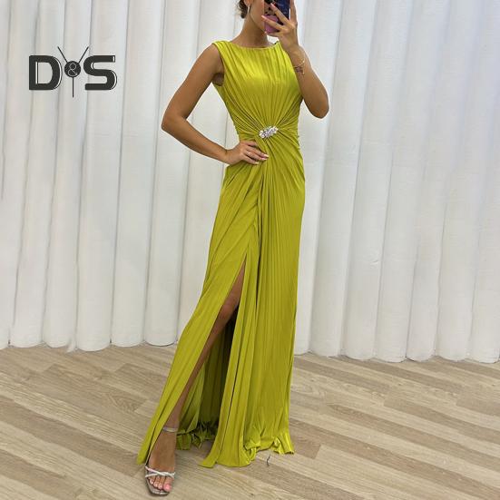 Rochie de seară pentru doamnă Tiv cu fantă plisată Lungime la podea Culoare unită Decor cu strass Fără mâneci Gât rotund Talie înaltă Decor cu strasuri Cocktail de bal