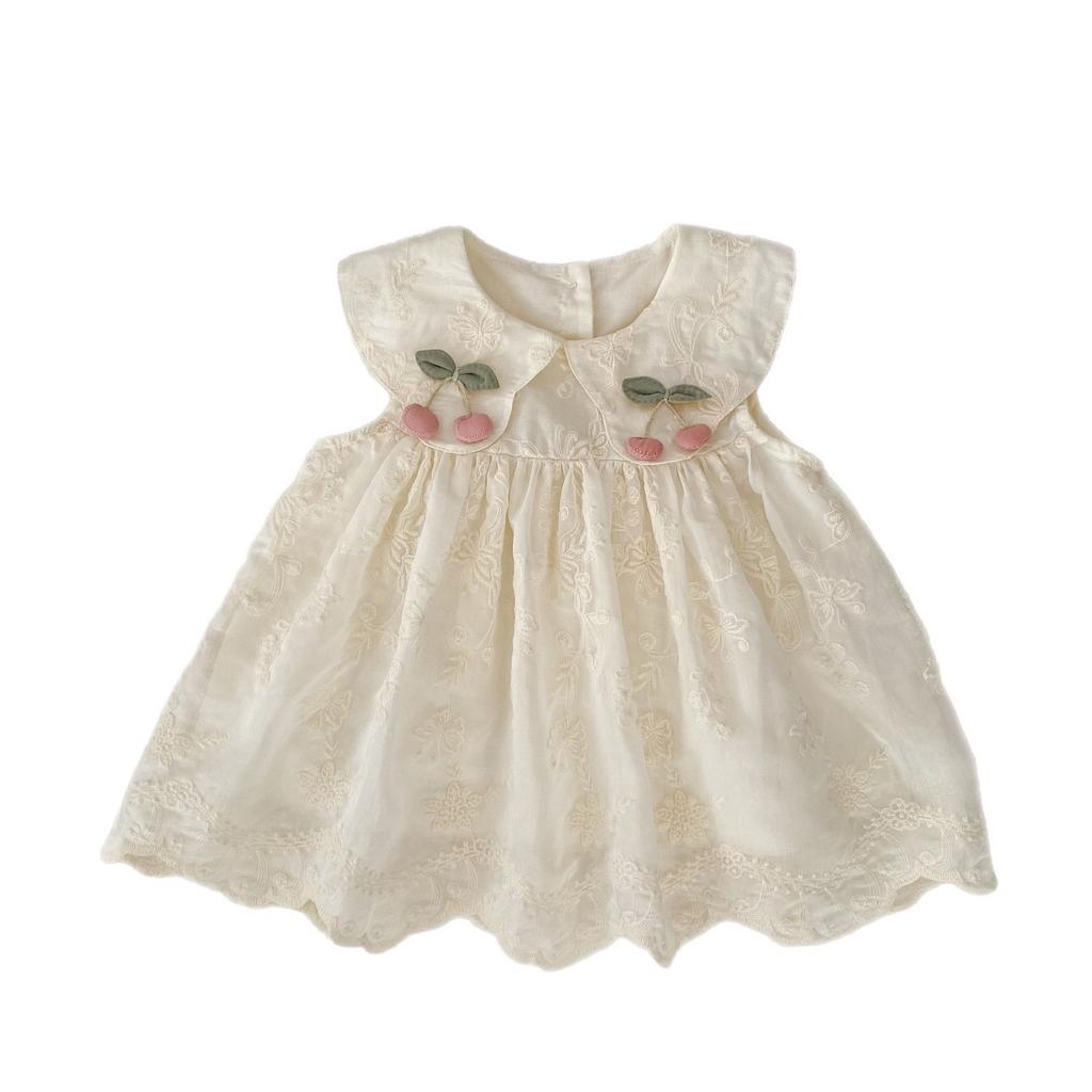 Girls Summer Sweet Floral Embroidered Sleeveless Ruffled Dress