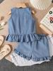 Two-piece girls' casual outdoor versatile T-shirt and retro denim shorts set for spring and summer
