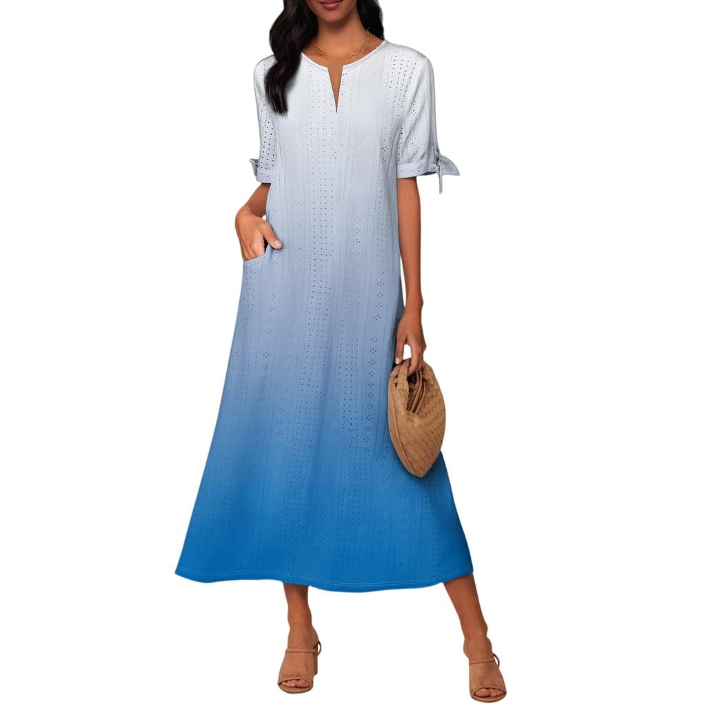 Ladies Casual Fashion Temperament Elegant Waist Gradient Color Print Long Dress