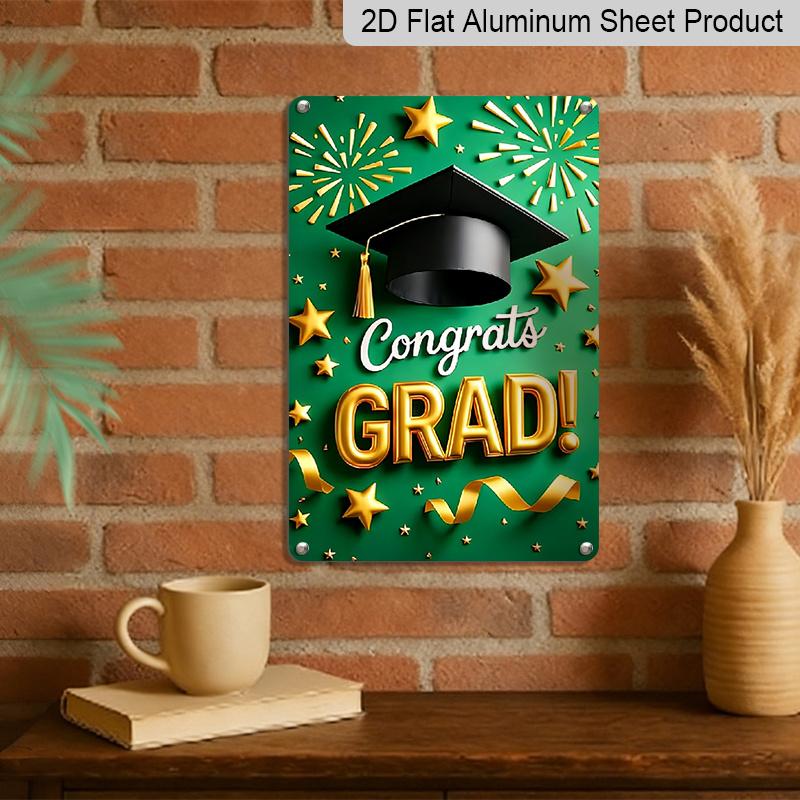 Plat 2D 1 pièce "Félicitations DIPLÔMÉ(E) !""" Panneau Décoratif Mural en Métal Aluminium - 20x30 cm Décor de Remise de Diplôme Vert & Doré, Art Mural Chapeau de Diplômé & Feux d'Artifice, Parfait pour"""