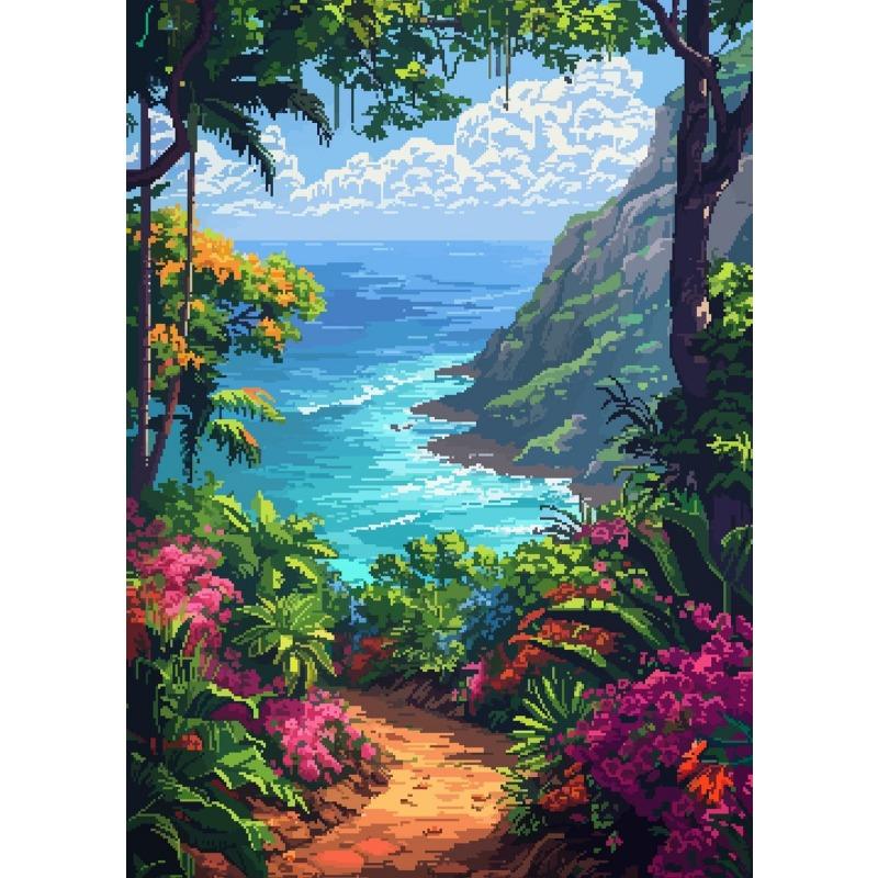 Hawaii Pixel Art Travel Landscape Poster Flower Island Sand Beach Sky Scenery Canvas Painting Room Home Wall Decor Mural