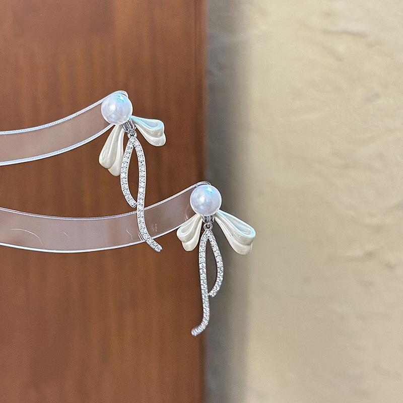 Bow Studded Diamond Pearl Earrings For Women, Light Luxury High-End Earrings, Long Tassel Zircon Earrings