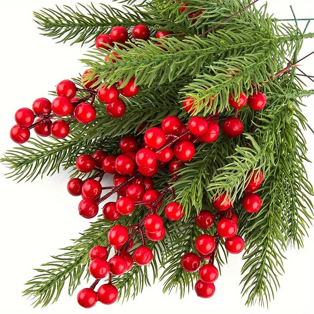 30PCS Artificial Christmas Pine Branches with Red Berries, Plastic,DIY Wreath Making Supplies for Home Holiday Decor