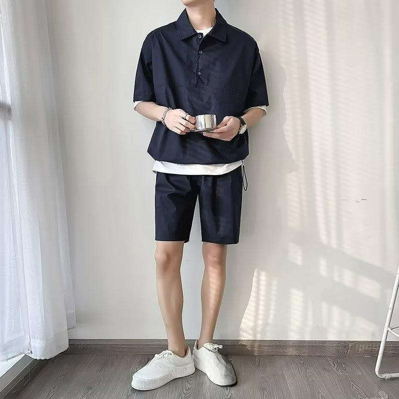 Summer Solid Color Short-sleeved Shorts Suit Men's Casual Japanese Wild Loose POLO Suit Two-piece Suit