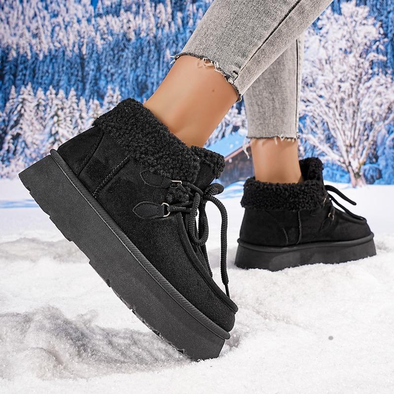 Fashion Women's Warm Snow Boots Winter New Round Toe Lace-Up Pile Front Platform Cotton Non-Slip Cotton Boots
