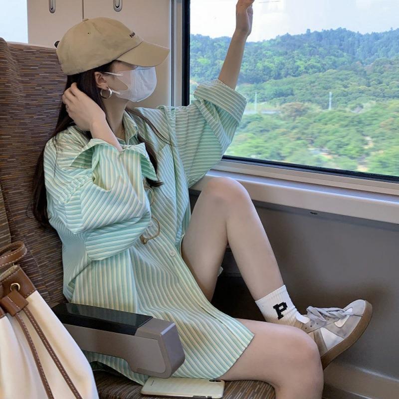 

New Striped Sunscreen Women s Shirt Single Breasted Lapel Hottest Long Sleeved Shirts Casual and Loose Fashion Trend Ladies Top XL зелёный