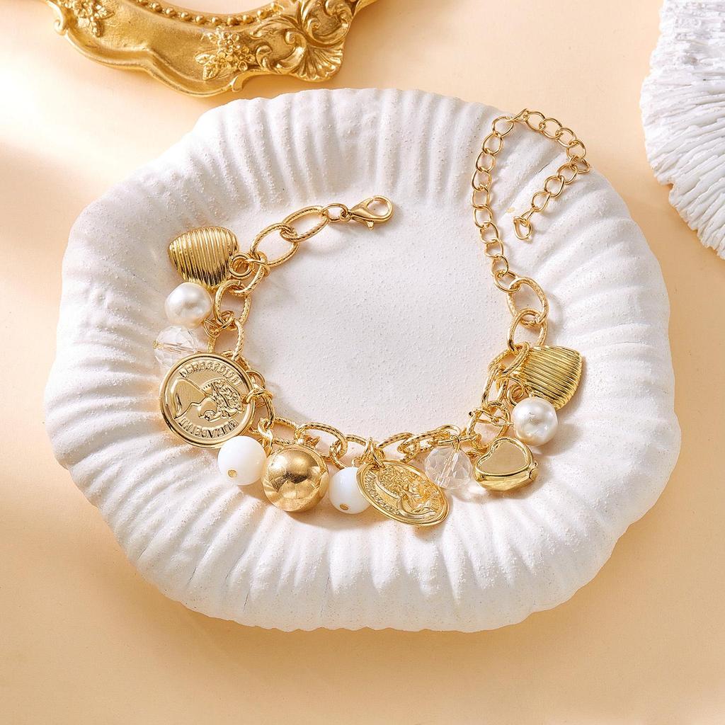 Retro Star Pearl Crystal Multi-Layer Bracelet with Heart & Round Ball Charms