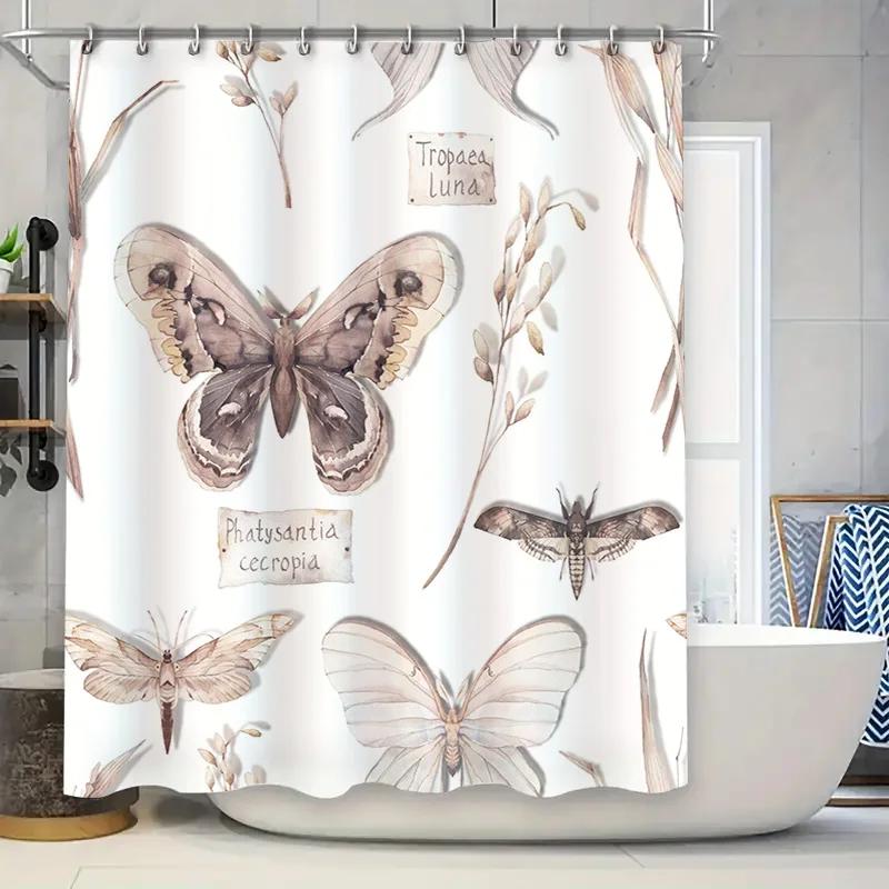 

Decorative Bath Shower Curtainsoft Waterproof Fabric With Beautiful Butterfly Pattern In Beige White Color Fits Most Bathtubs W60H190(CM)-1 Pcs