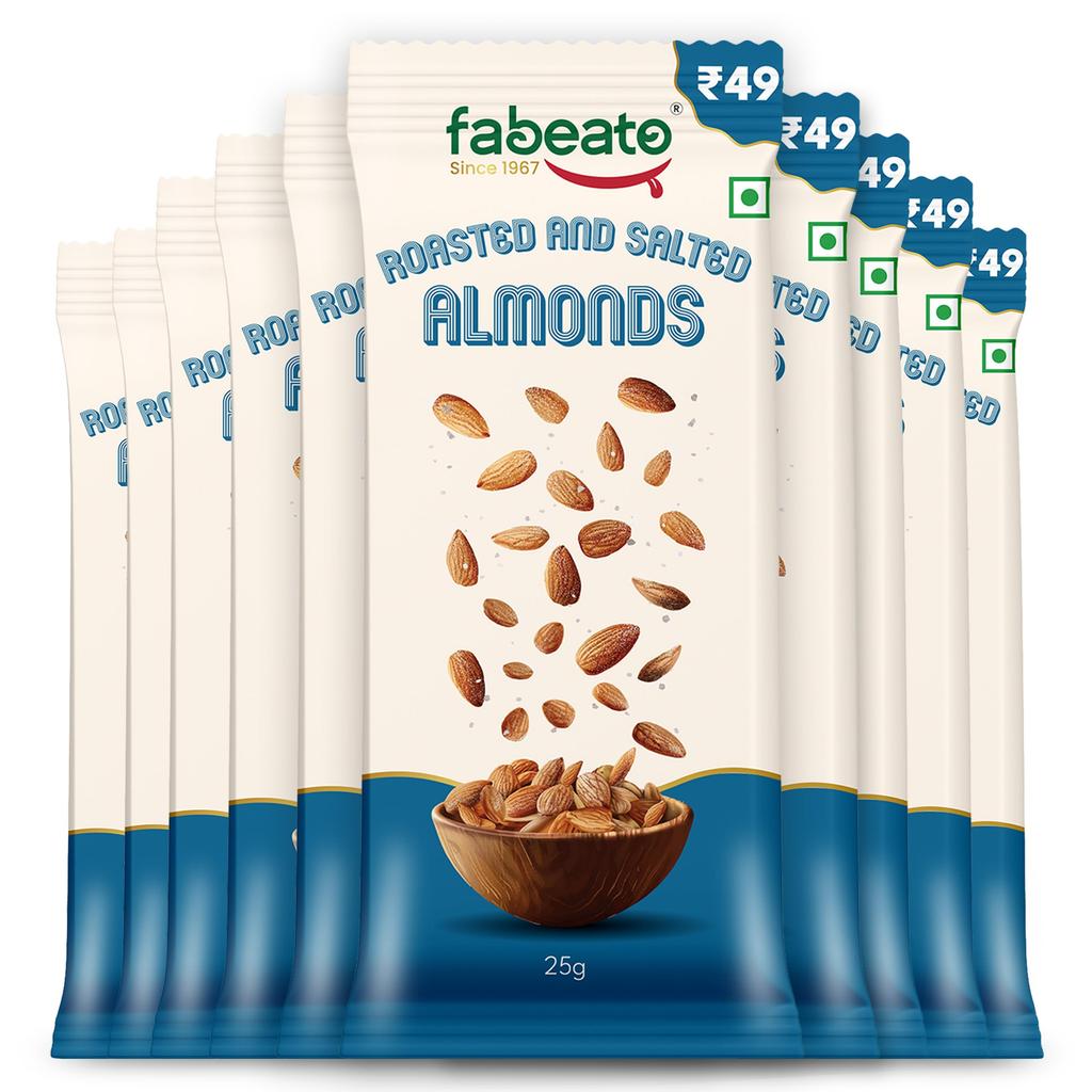 Fabeato Munch on the Go Snack Premium geröstete und gesalzene Mandeln | Knusprig | Proteinreich Jede Packung 25g | 10er Packung