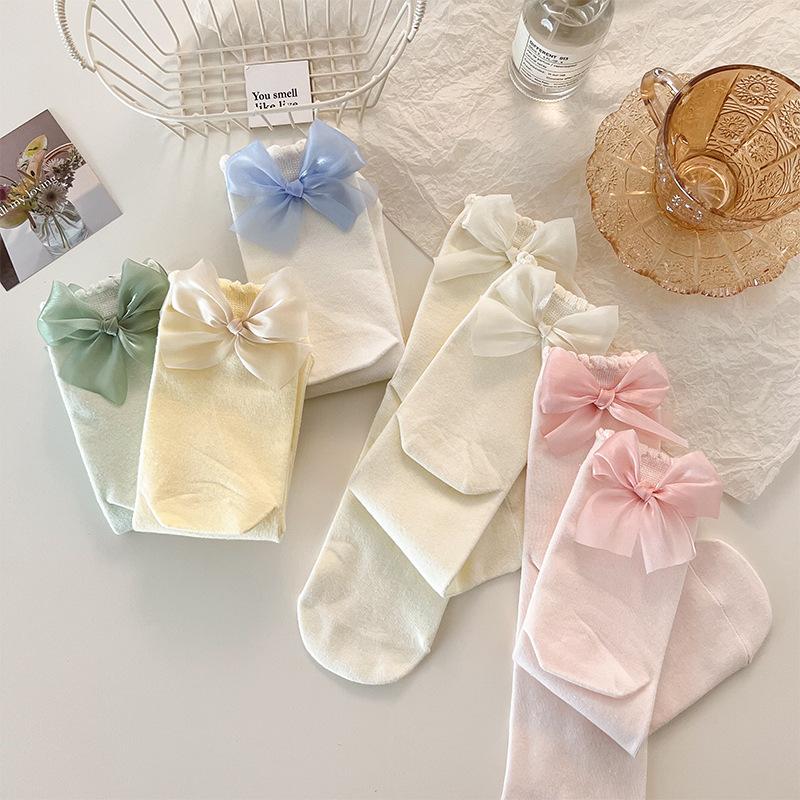 INS Sweet Girly Bowknot Princess Socks Solid Color Spring Summer Women Middle Tube Socks Cute Bows Decorate Tube Socks Free Ship