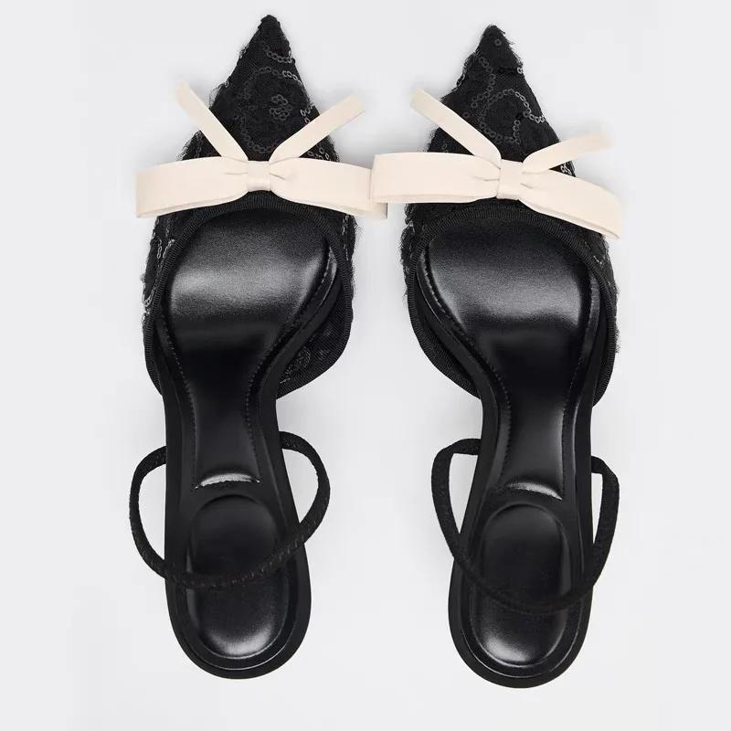 Fashion Bling Mesh Butterfly-knot Pumps Women Sexy Black Pointed Toe Thin Heel Dress Sandals Luxury Brand Designer Wedding Bridal Shoes