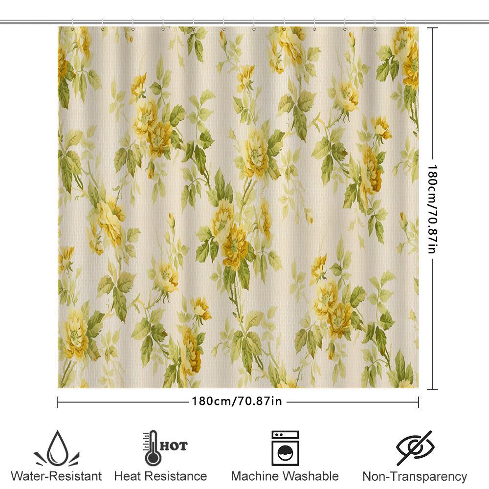 Delightful Floral Shower Curtain Yellow Green Watercolor Print For Bathroom Decor Waterproof Fabric 72 X 84, Durable, Anti-Milde