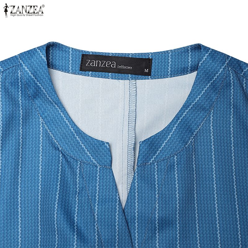 ZANZEA Women Casual V-Neck Loose 3/4 Sleeve Stripe Dress