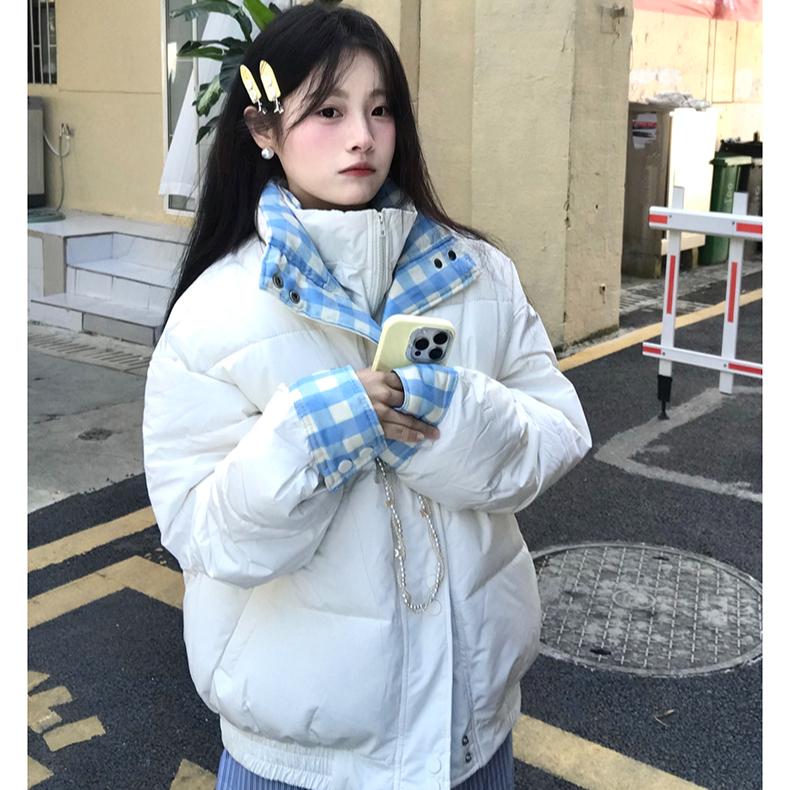 Winter Loose Plaid Patchwork Cotton Coat Women Double Layer Collar Puffer Jacket