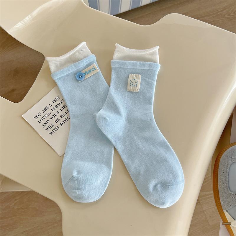 

Весенне-летние носки с двойным швом и тканевой этикеткой с боковой пуговицей AB, женские хлопковые бесшовные носки до середины икры, милые махровые носки 1 pair синий