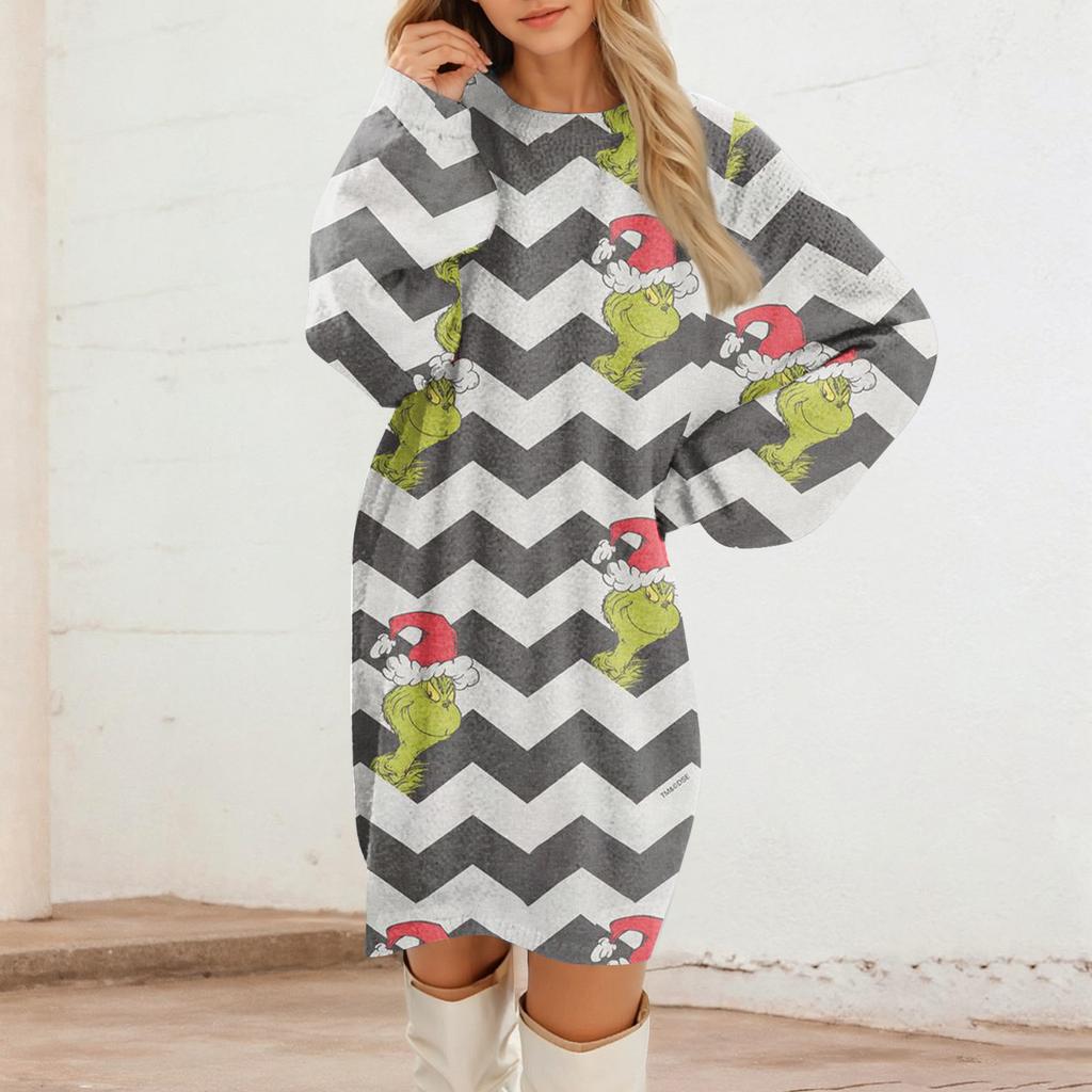 Dámské ležérní plyšové šaty s kulatým výstřihem a dlouhým rukávem