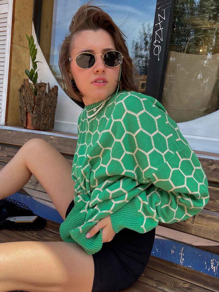 Autumn Winter Honeycomb Print Sweater Women's Round Neck Loose Temperament Versatile Comfortable Long-sleeved Knit Top