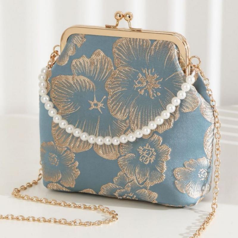 New Antique Mouth Gold Bag Rich Flower Pattern Women's Messenger Evening Cheongsam Bag Mobile Phone Chain Small Square Bag