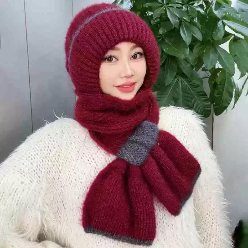 Winter warm neck protection mother ear protection headgear fleece knitted snow hat scarf integrated hat women