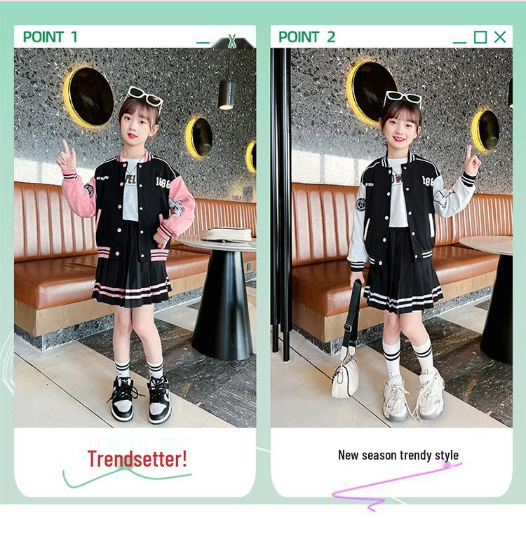 Trendy Korean-Style Baseball Uniform for Girls - 2025 Spring & Autumn Pleated Skirt, College Style for Middle & Large Children